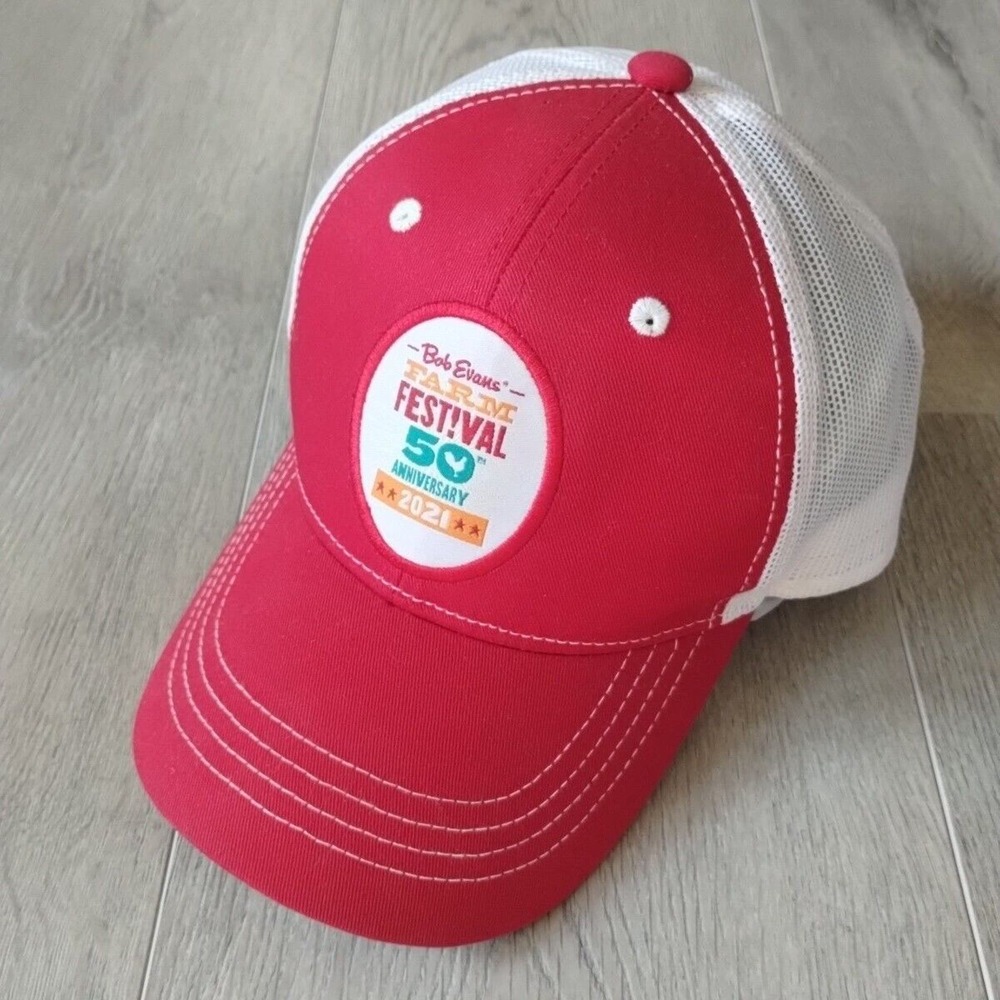 Bob Evans Trucker Hat Mesh Cap Red White Farm Festival 50 Years Adjustable OSFA